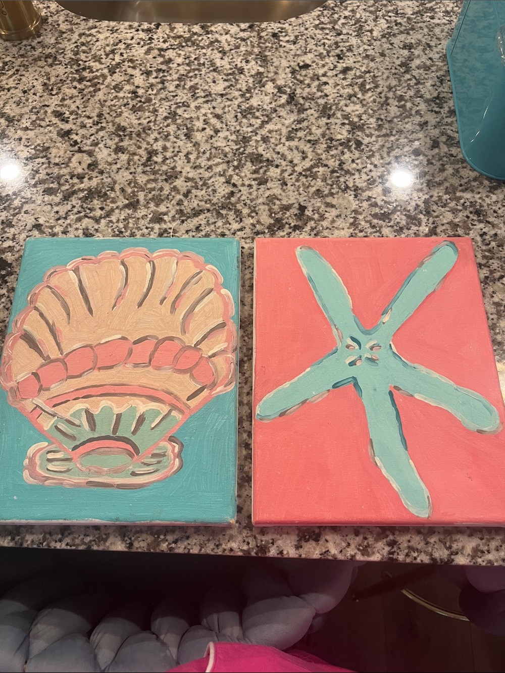 Coastal Shell & Starfish Canvas Pair in Coral and Teal
